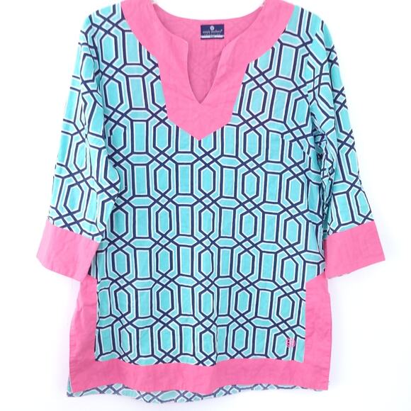 Simply Southern Tunic Top Lattice Small Blue Pink Preppy, Resortwear, 3/4 Sleeve - Picture 1 of 5